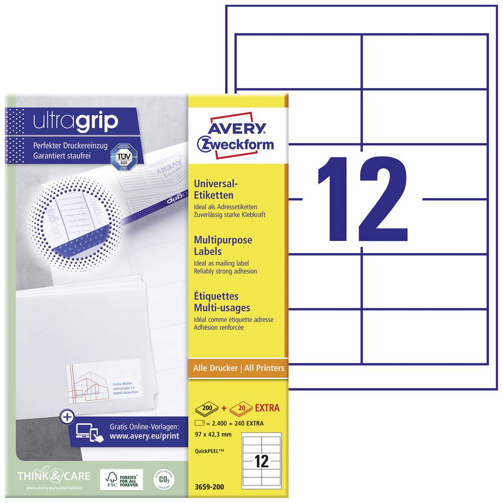 Image of Avery-Zweckform 3659-200 All-purpose labels 97 x 423 mm Paper White 2640 pc(s) Permanent adhesive Inkjet printer Laser