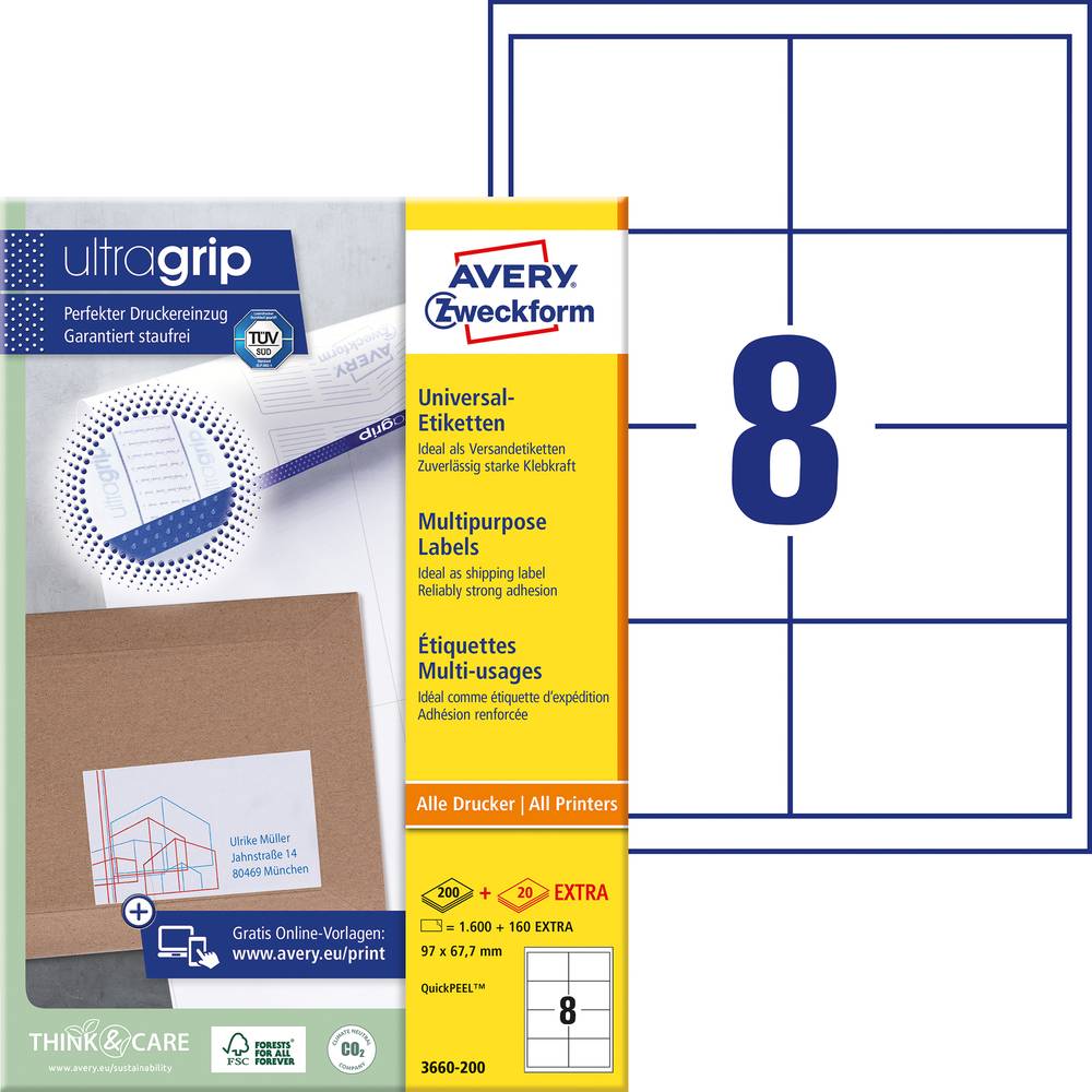 Image of Avery-Zweckform 3660-200 All-purpose labels 97 x 677 mm Paper White 1760 pc(s) Permanent adhesive Laser colour