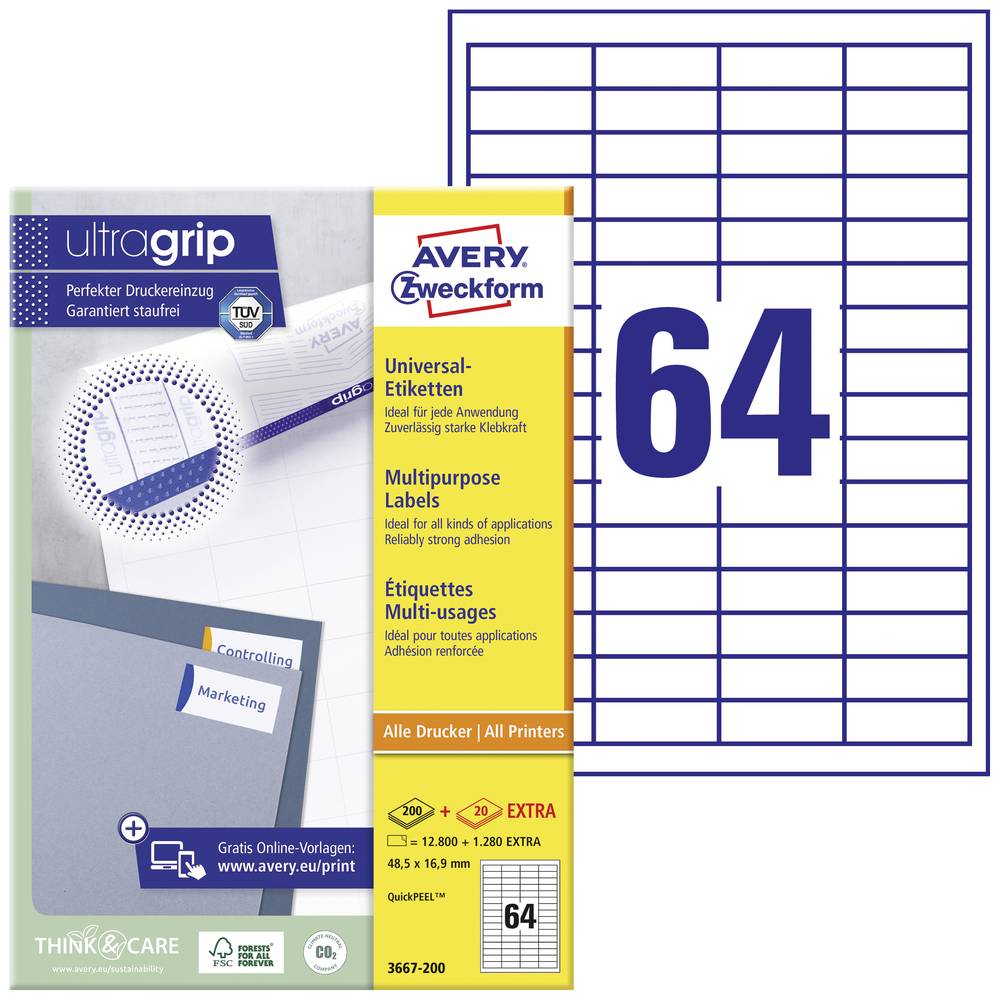Image of Avery-Zweckform 3667-200 All-purpose labels 485 x 169 mm Paper White 14080 pc(s) Permanent adhesive Laser printer