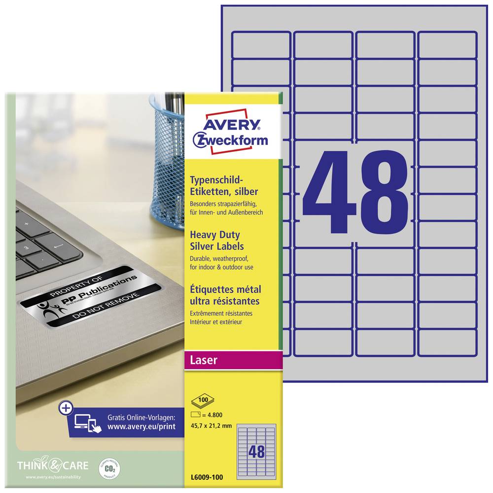 Image of Avery-Zweckform L6009-100 Nameplates 457 x 212 mm Polyester film Silver 4800 pc(s) Permanent adhesive Laser printer
