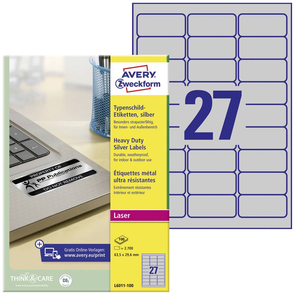 Image of Avery-Zweckform L6011-100 Nameplates 635 x 296 mm Polyester film Silver 2700 pc(s) Permanent adhesive Laser printer