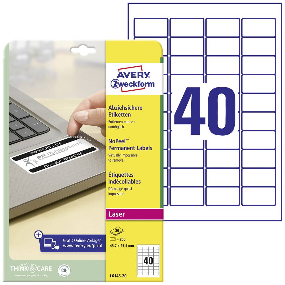 Image of Avery-Zweckform L6145-20 Safety stickers 457 x 254 mm Polyester film White 800 pc(s) Permanent adhesive Laser printer