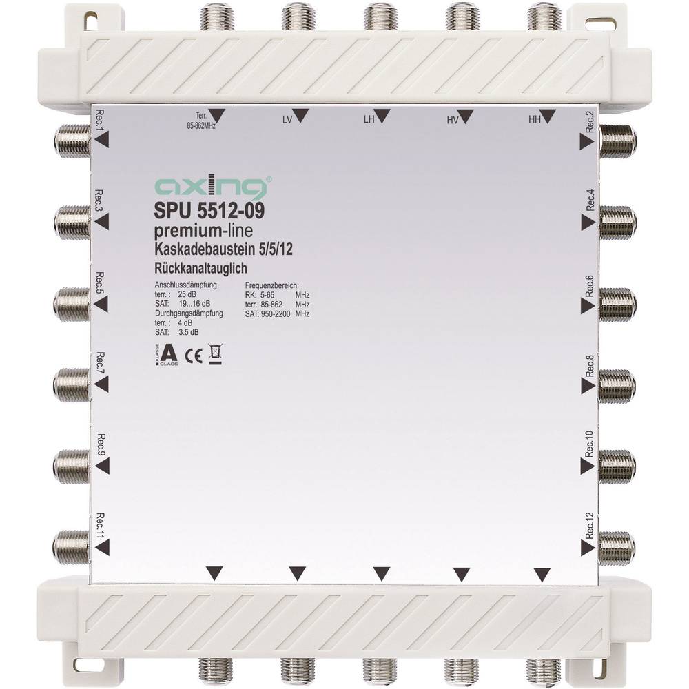 Image of Axing SPU 5512-09 SAT cascade multiswitch Inputs (multiswitches): 5 (4 SAT/1 terrestrial) No of participants: 12
