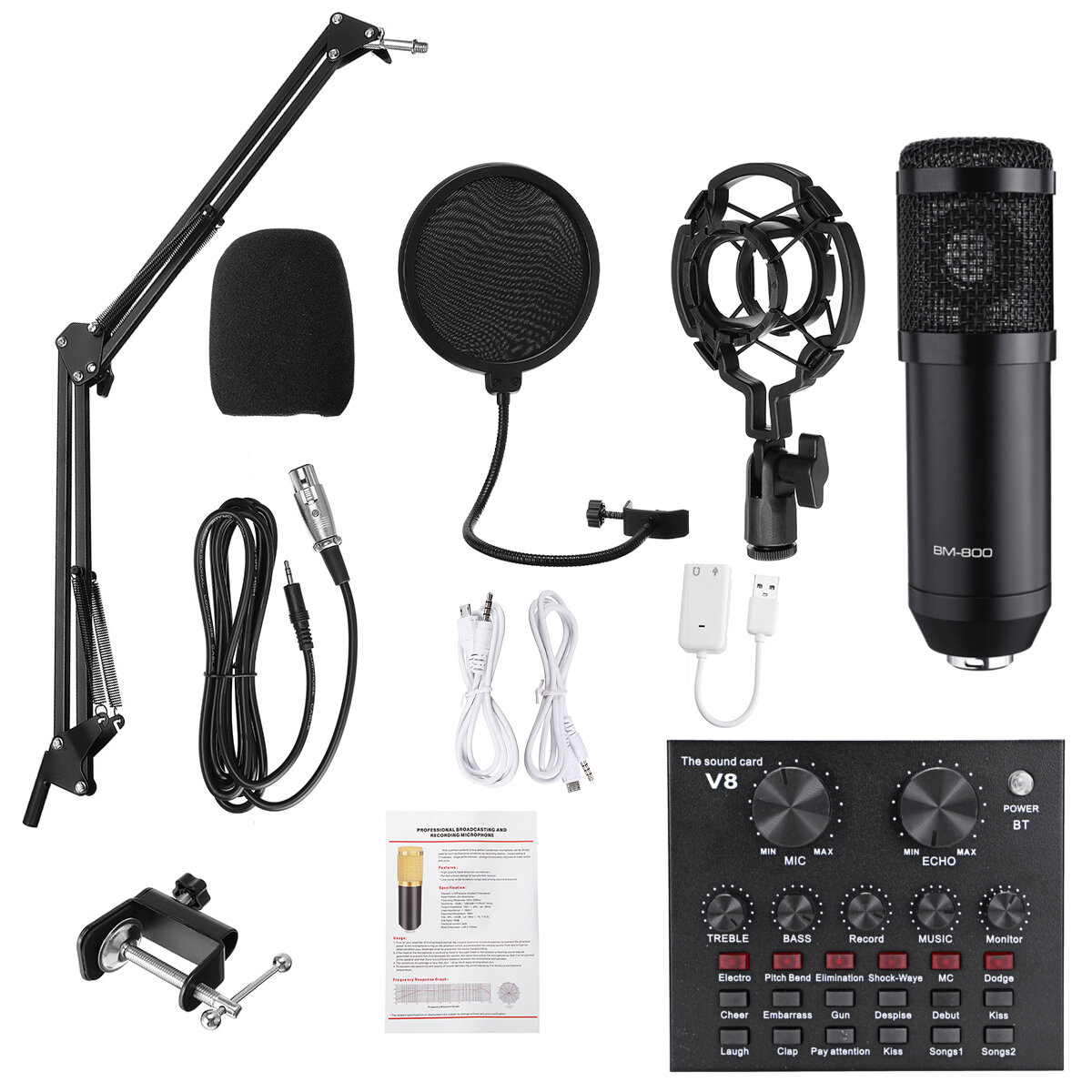 Image of BM800 Condenser Microphone V8 Sound Card Kit Muti-functional bluetooth Sound Card for Studio Mobile Phone PC Laptop Reco