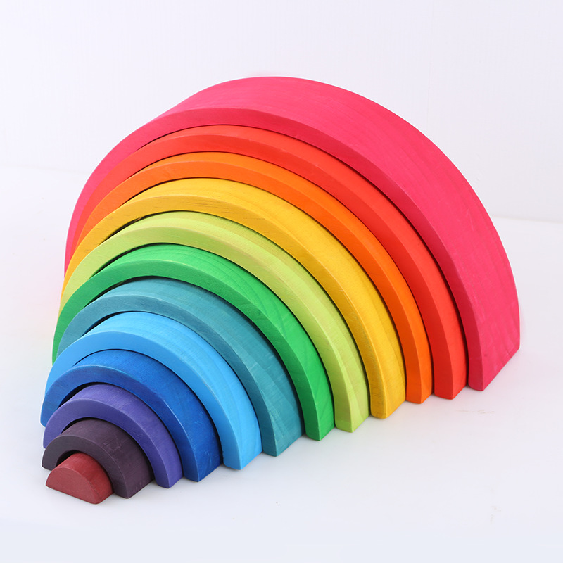 Image of Baby Big Wooden Rainbow Block Toys Kids Creative Color Sort Rainbow Blocks 12pcs/set for Children Geometric Early Learning Toy