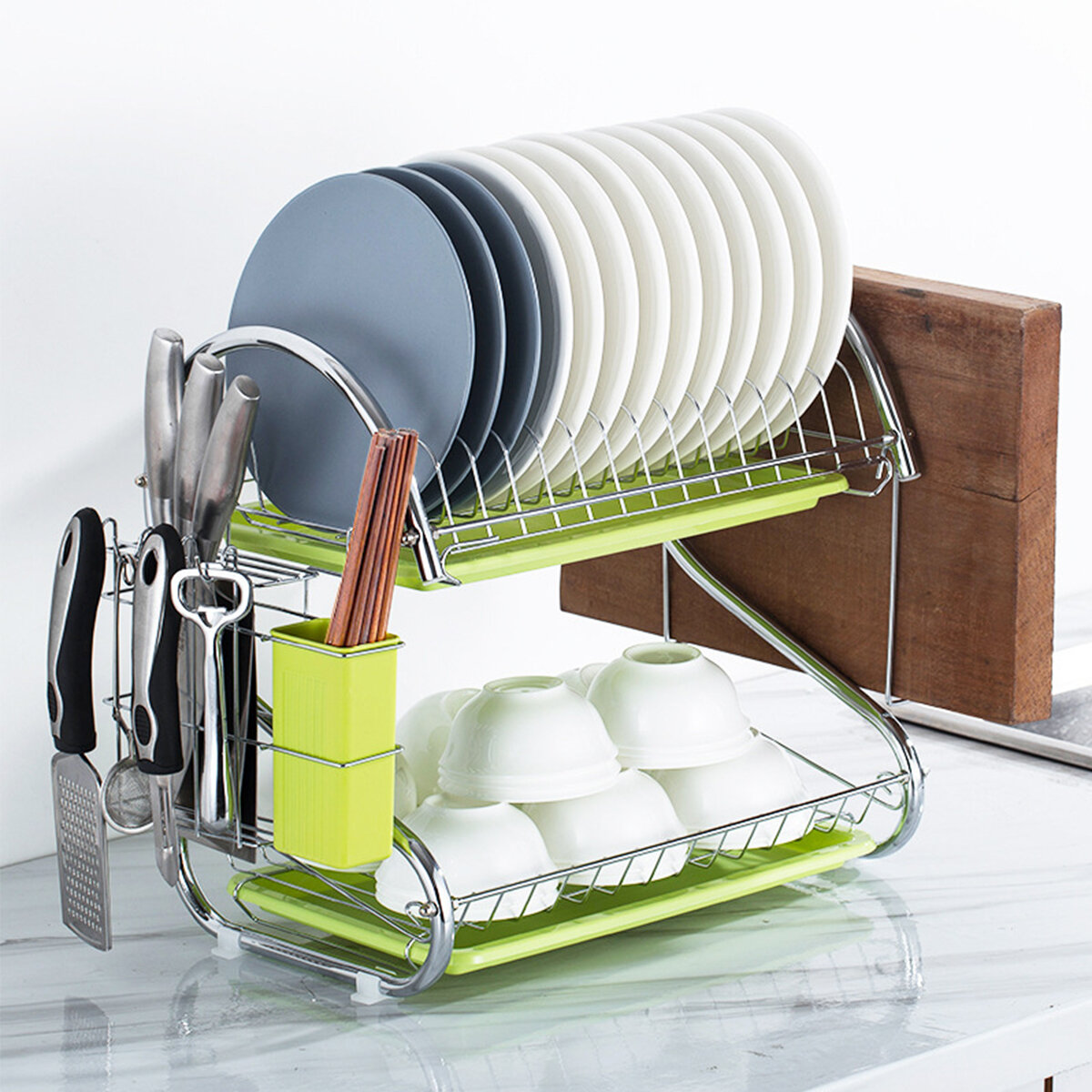 Image of Bakeey Organizer Holder Stainless Steel Cutlery Dish Cup Kitchen Organizer Drying Rack Holder Dryer 2 Tiers Drainer Tray
