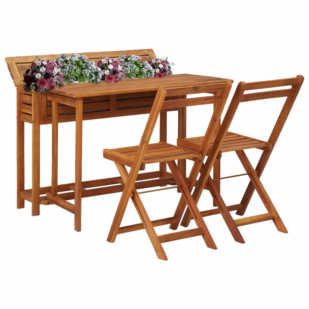 Image of Balcony Planter Table with 2 Bistro Chairs Solid Acacia Wood