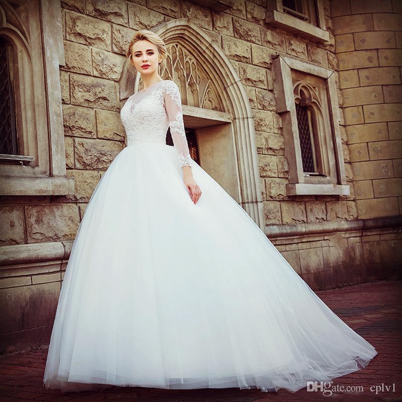 Image of Ball Gown Lace Wedding Dresses Long Sleeves With Sash Applique Jewel Neck Count Train Bridal Gowns