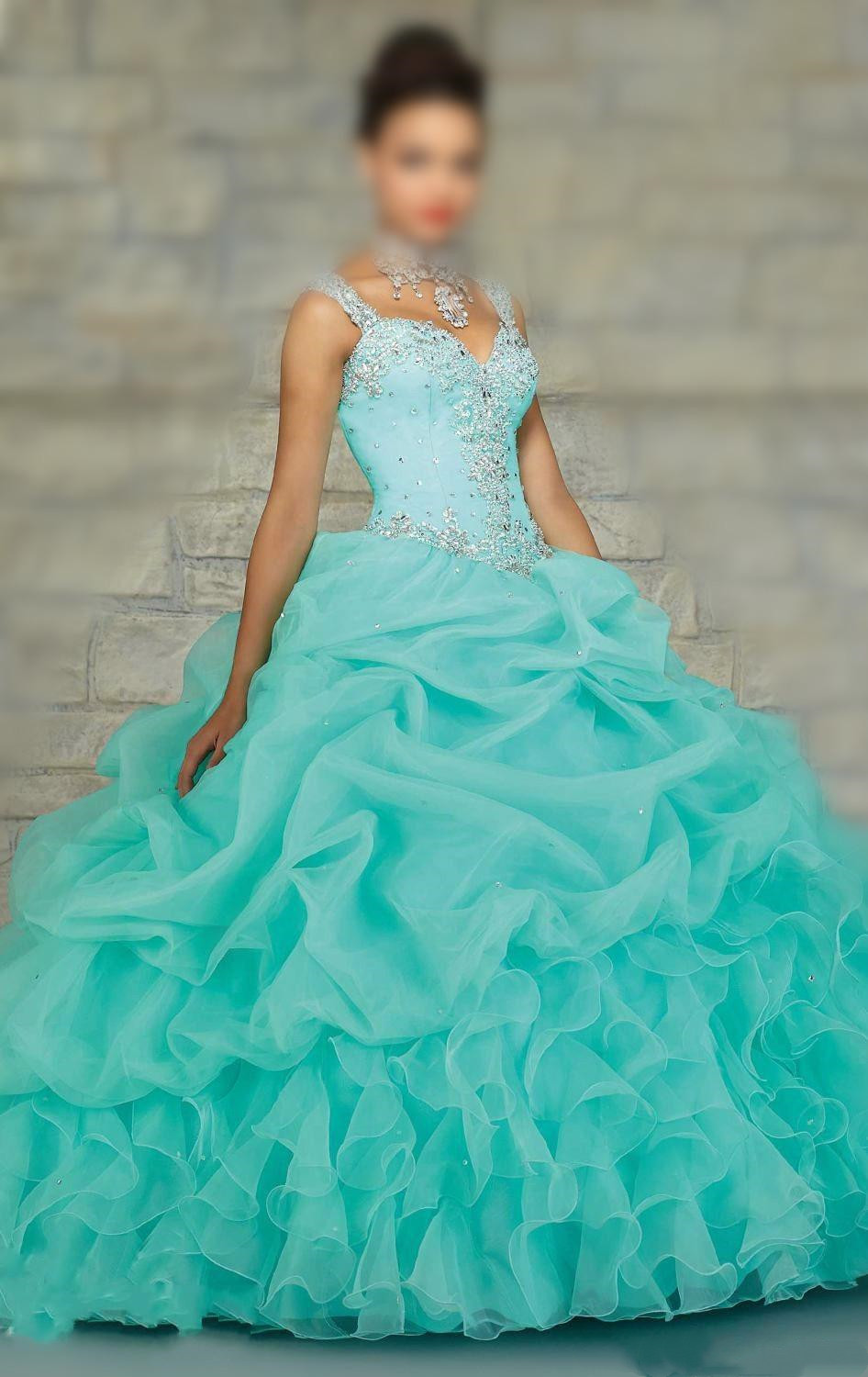 Image of Ball Gown Quinceanera Dress Gorgeous Beaded Straps Sweetheart Organza Layered Coral Mint Girl Sweet 16 Dress In Stock
