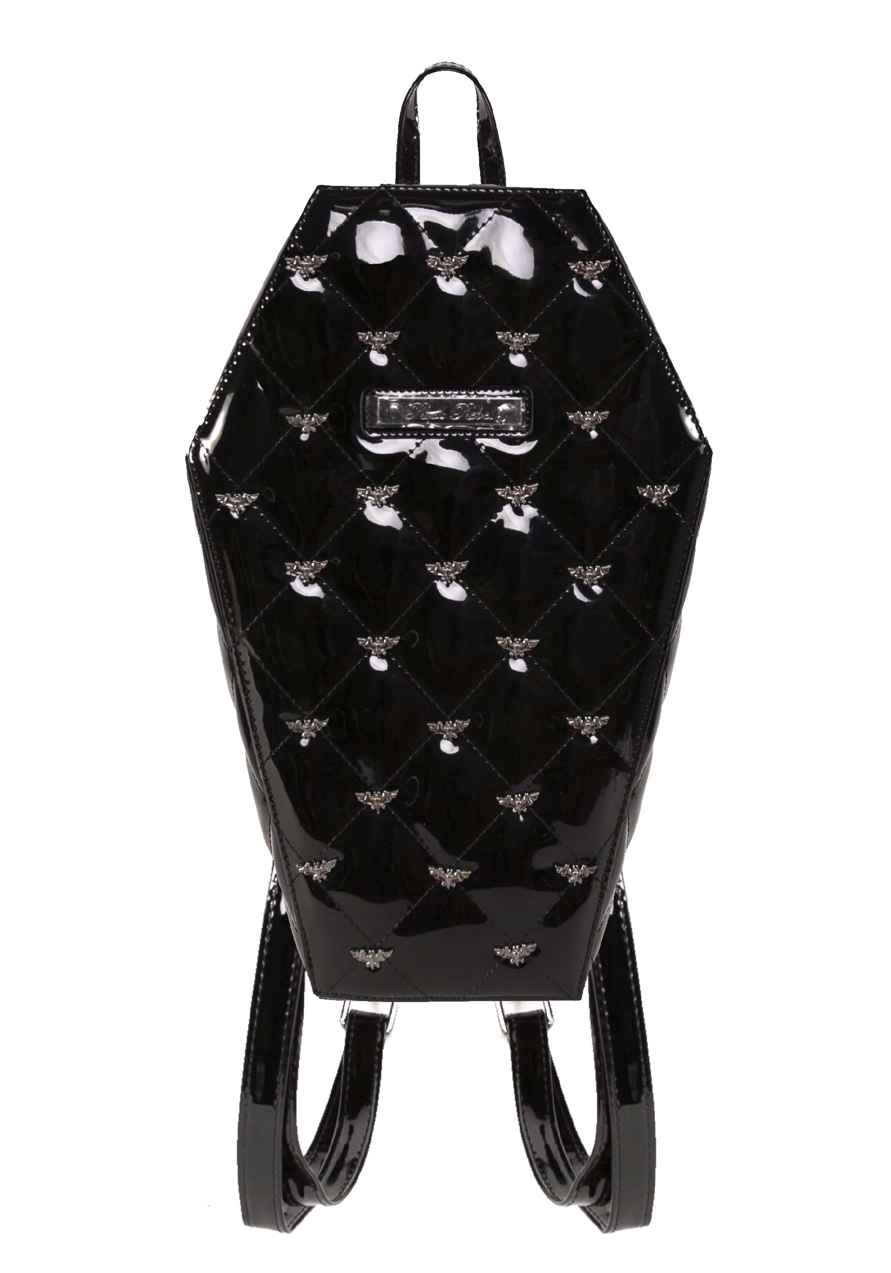Image of Bat Studded Quilted Faux Patent Coffin Black Backpack | Halloween Bags & Backpacks ID RRHB80MINABLK-ST