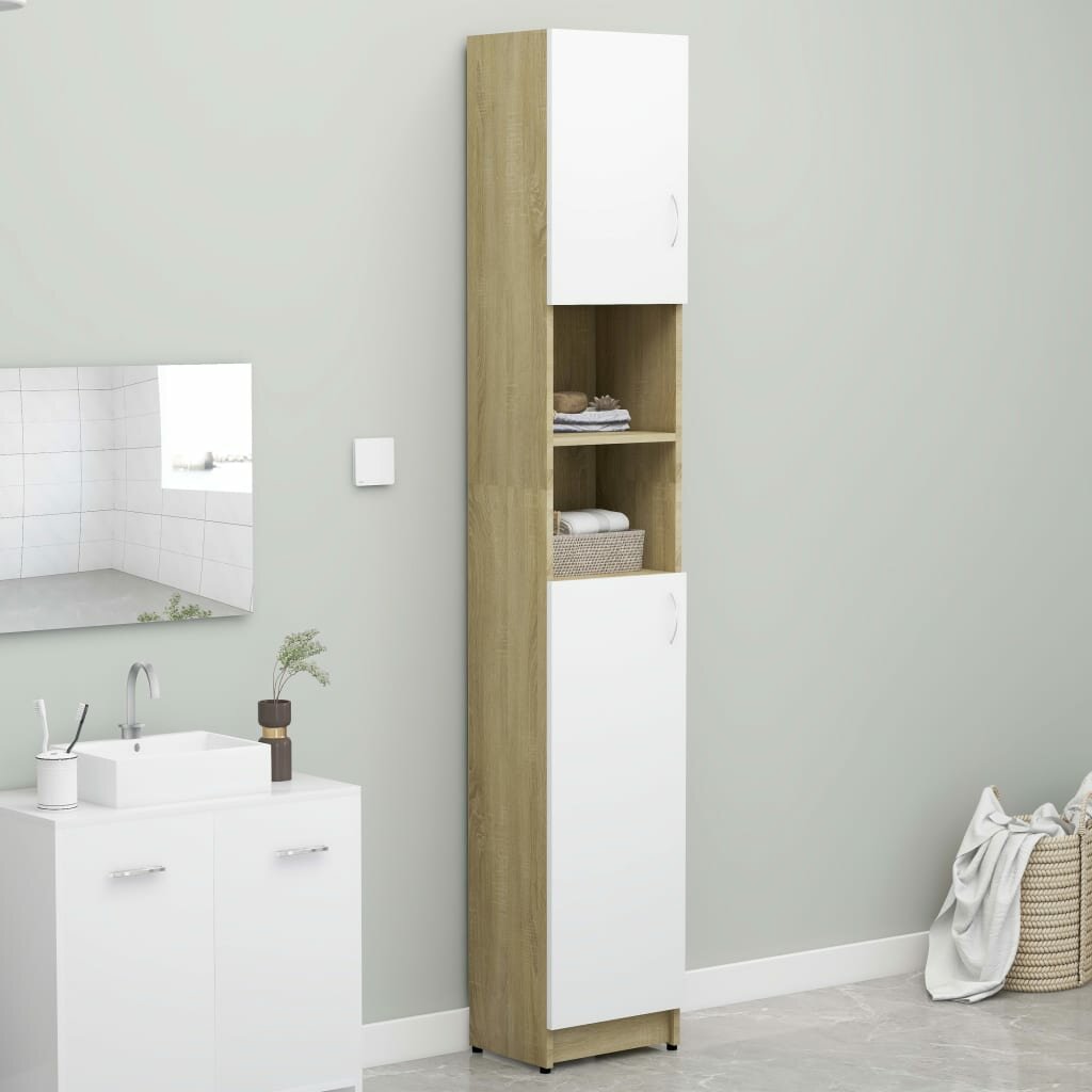 Image of Bathroom Cabinet White and Sonoma Oak 126"x10"x748" cm Chipboard