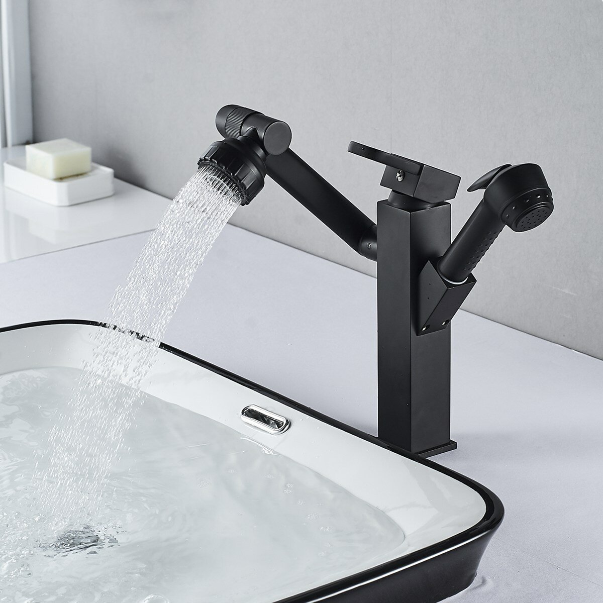 Image of Bathroom Faucet Pull-Out Sink Faucet Adjustable and Rotatable Faucet with Sprayer Two Flow Modes Modern Lavatory Basin F