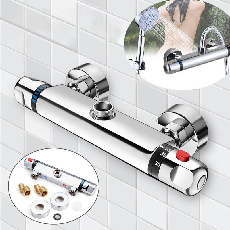 Image of Bathroom Wall-mount Brass Thermostatic Shower Valve Bath Mixer Shower Control Valve Bottom Faucet 3/4" Thread Connector
