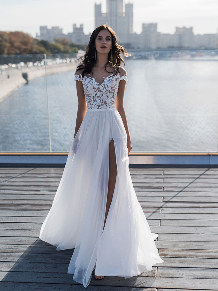Image of Beach Wedding Dress Lace Appliques Tulle Summer Bride Side Slit Gowns Elegant Long Robe De Mariee