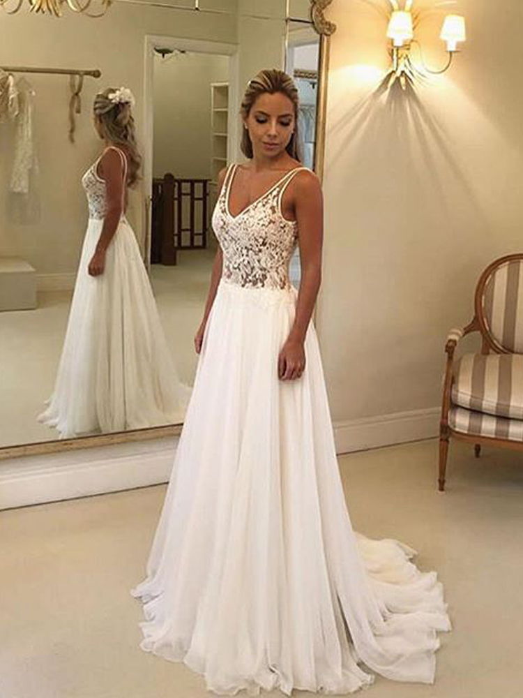Image of Beach Wedding Dress Pearls A-Line Applique Lace Chiffon Plus Size Women Bridal Dresses For Guests