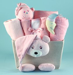 Image of Bear Plush Baby Girl Gift Basket