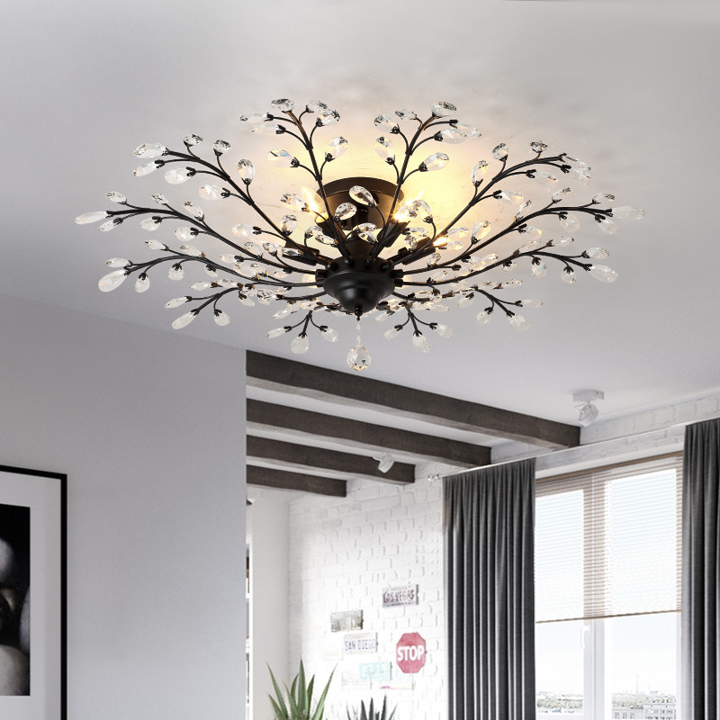 Image of Bedroom Lights Wrought Iron Crystal Ceiling Light Porch Pastoral Creativity LED Living Room Lamp Surface Mounted Chandelier Restaurant Ceiling Lamps
