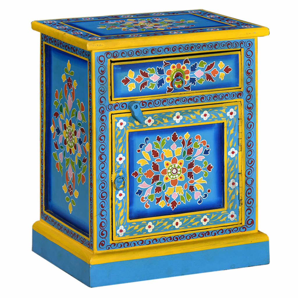 Image of Bedside Cabinet Solid Mango Wood Turquoise Hand Painted