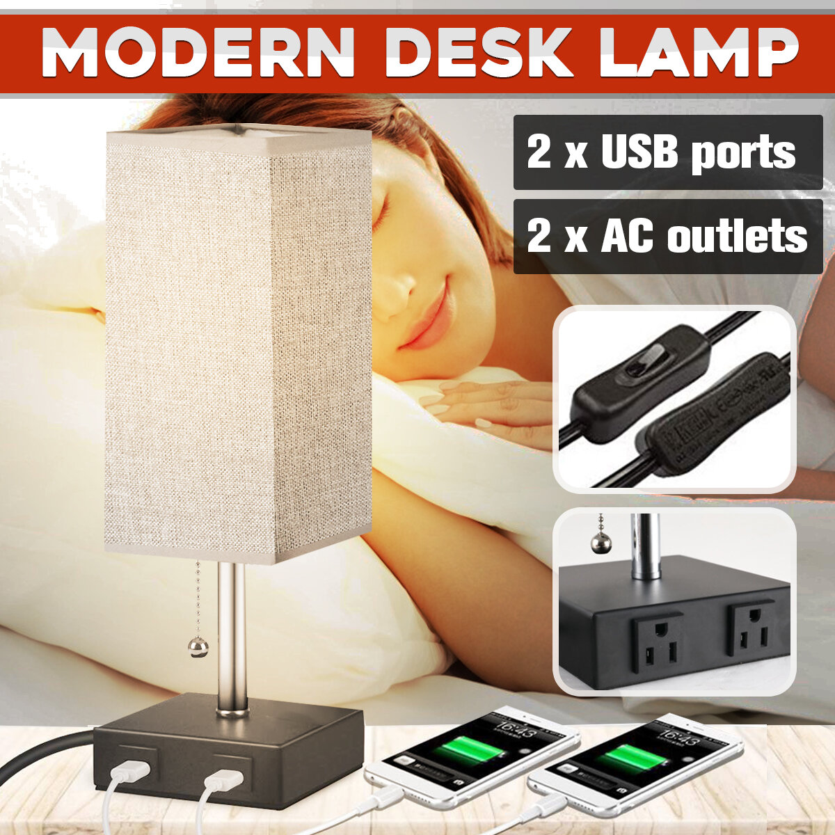 Image of Bedside Table Desk Lamp With 2 USB Charging Ports & 2 AC Outlets Fabric Shade