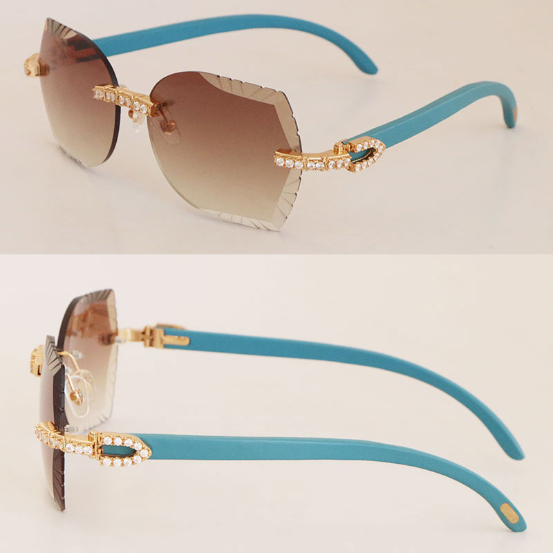 Image of Big Diamond Set C Decoration Blue Wooden Sunglasses for mens Designer Men Women Rimless Wood Sun glasses Cat Eye Vintage 8200761 Diamond Cut