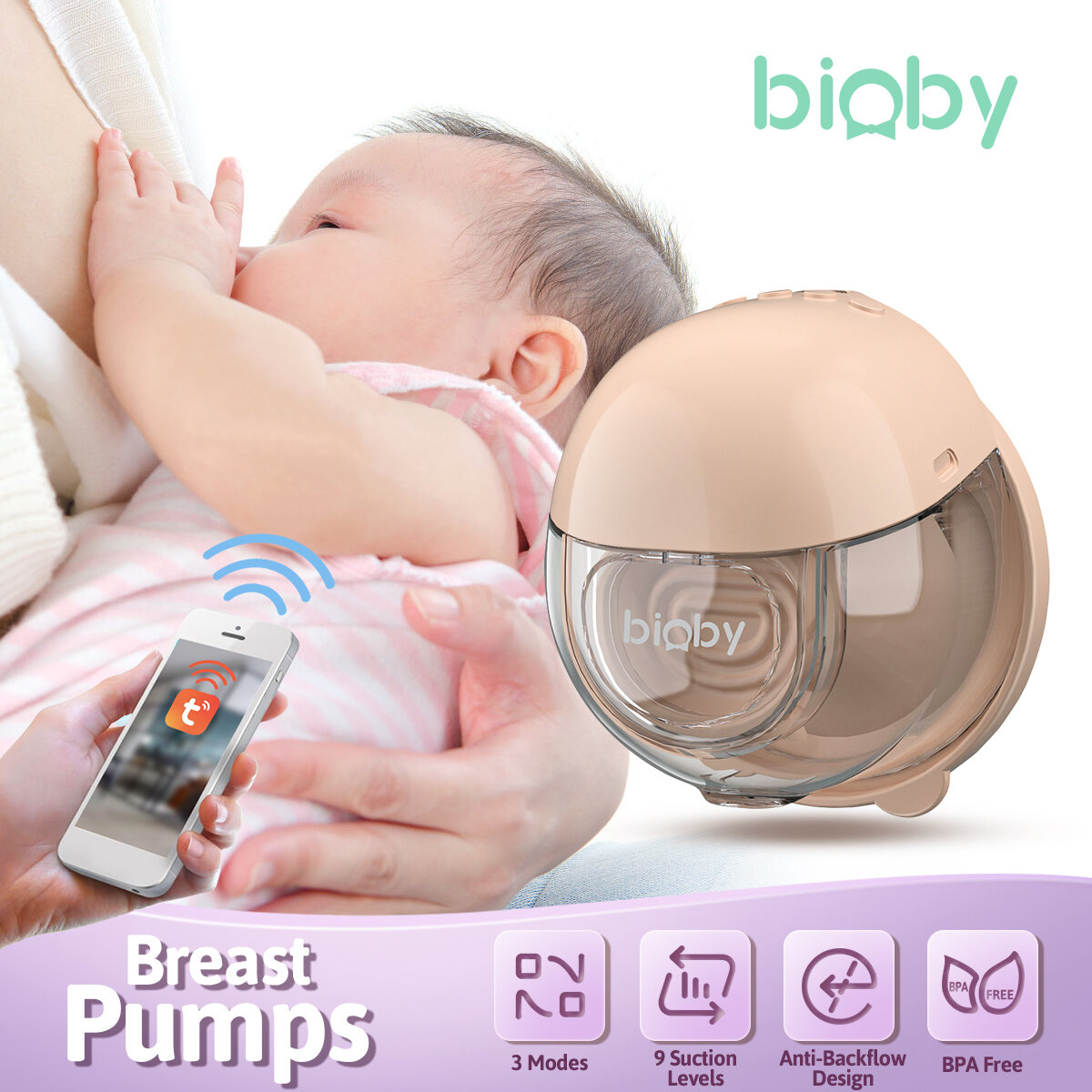 Image of Bioby Electric Breast Pump bluetooth Hand Free Portable Wearable BPA free Comfort Milk Extractor Baby Accessories App Co