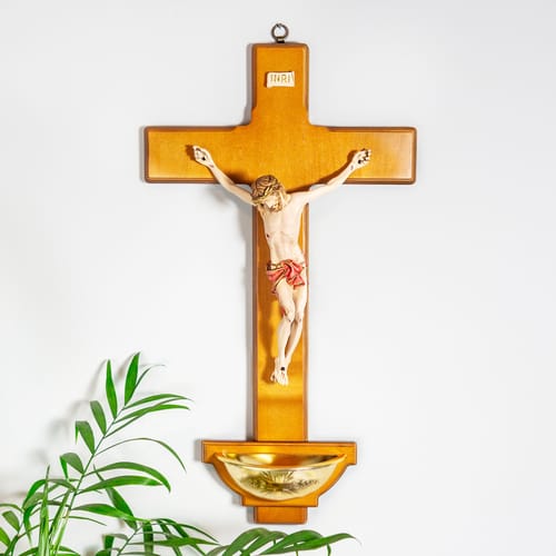 Image of Birch Wood Crucifix Holy Water Font ID 2058750