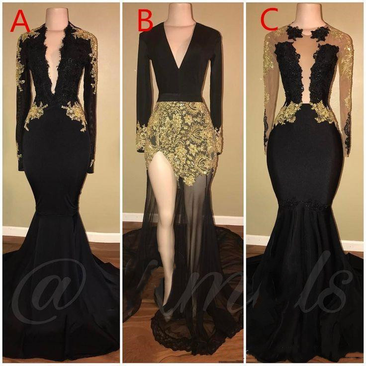 Image of Black Long Evening Dresses Deep V Neck Applique Lace Sleeves Court Train Formal Party Wear Prom Dresses