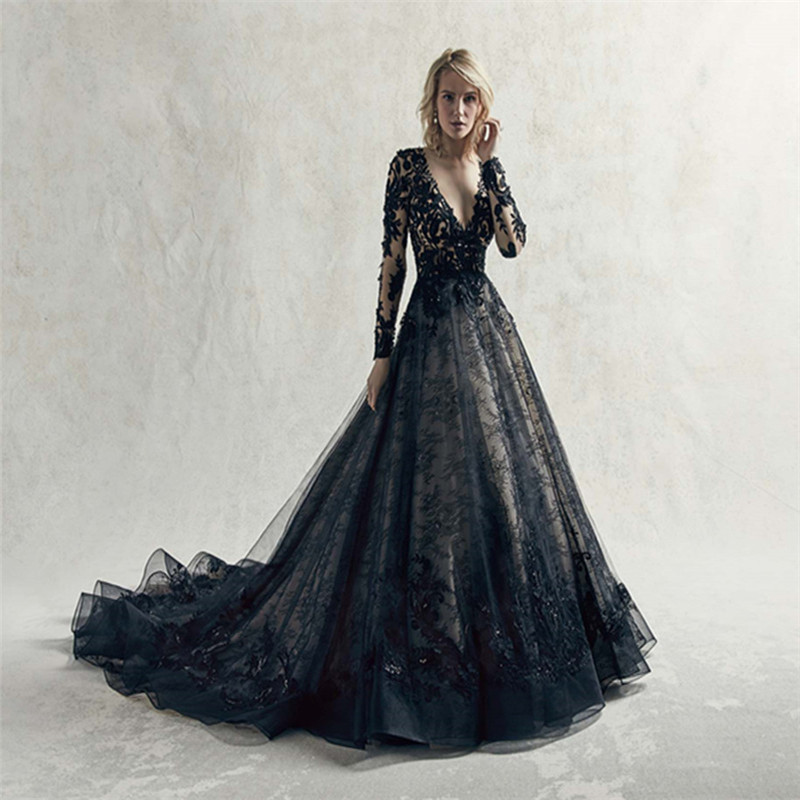 Image of Black Wedding Dress Long Sleeve Vintage Lace Gowns robe mariee mariage reception Bride vestido de noiva1