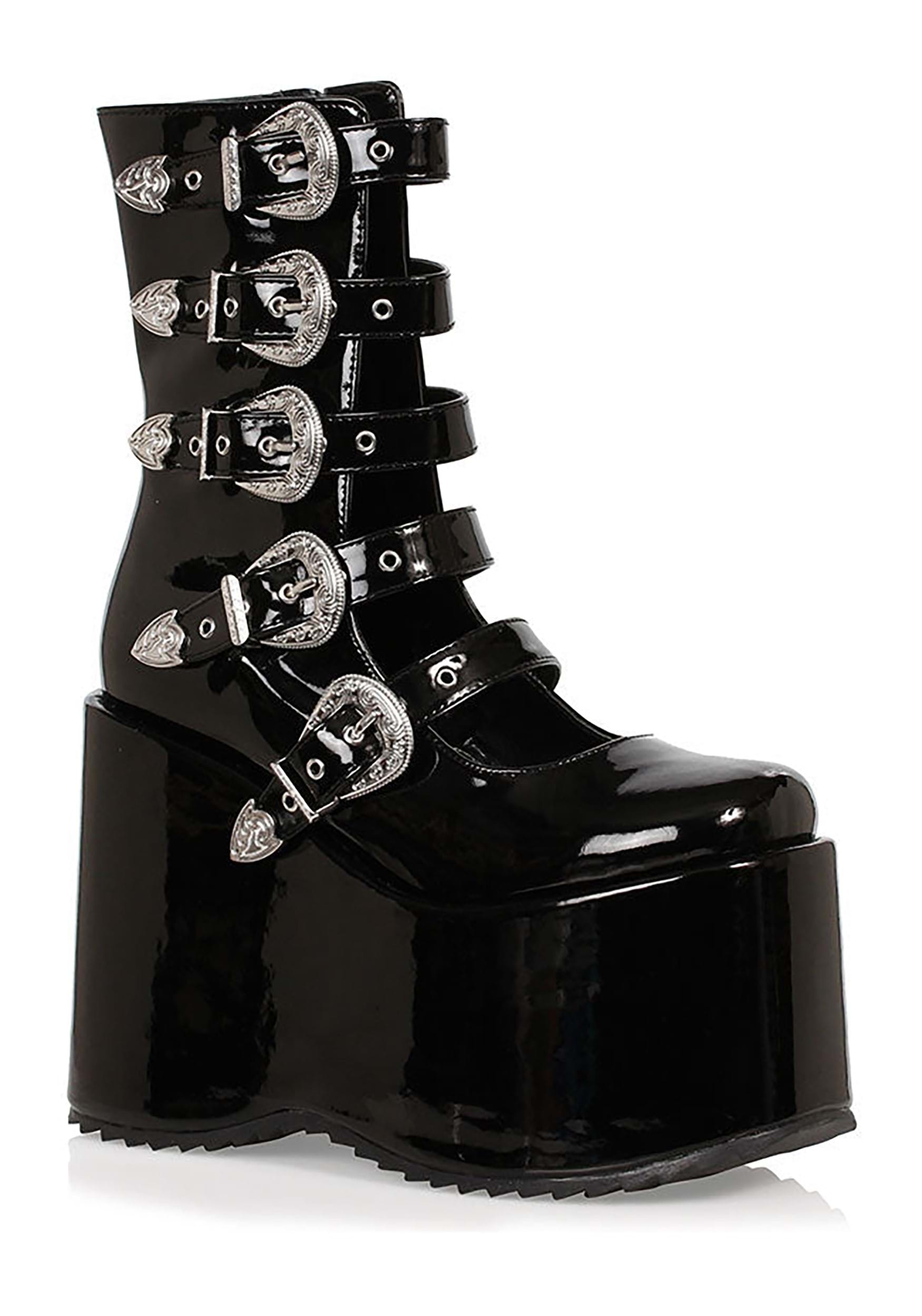Image of Black Women's Platform Buckle Strap Boots ID EE500ASHBK-8