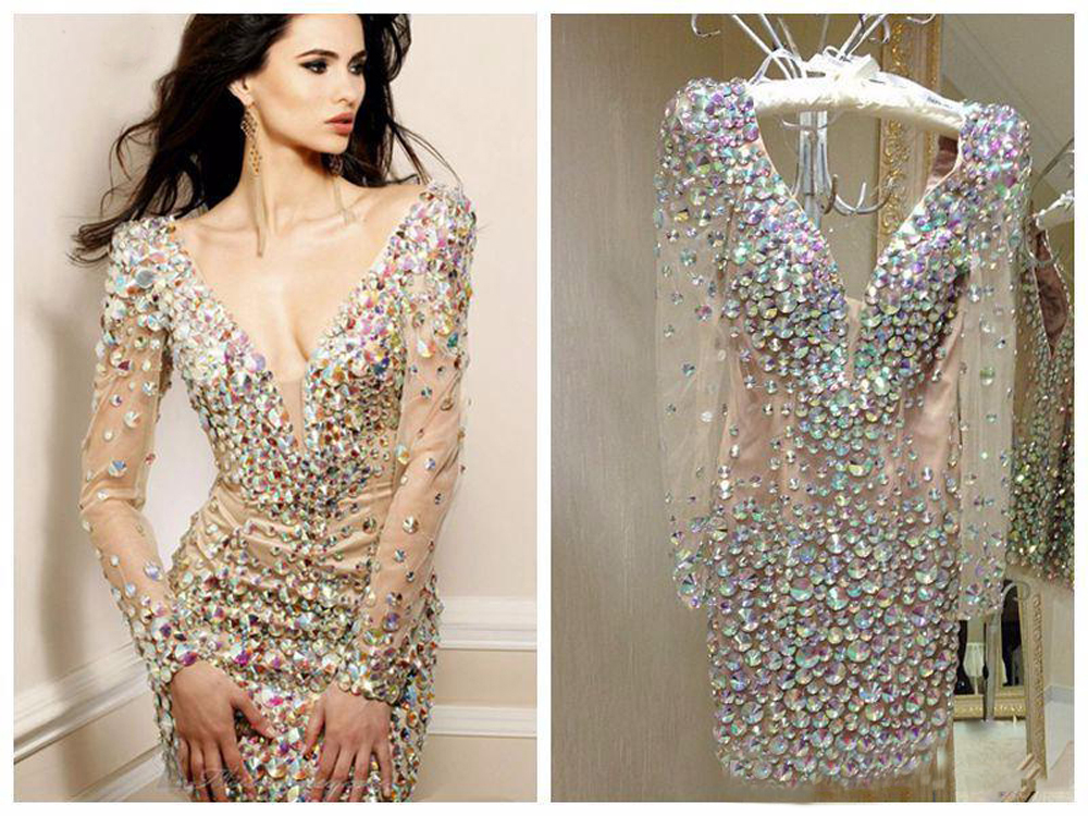 Image of Bling Rhinestone Homecoming Cocktail Dresses Party Gowns Sexy Deep V Neck Long Sleeve Short Special Occasion for Women