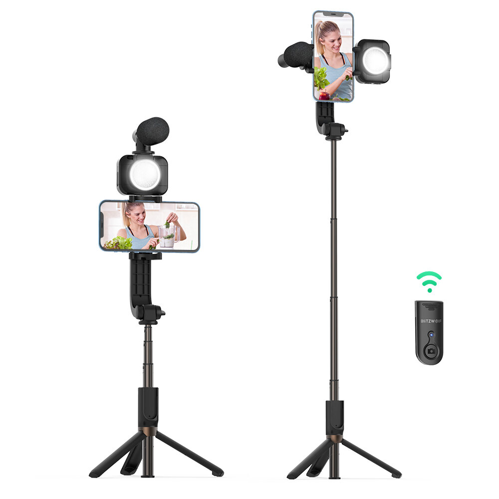 Image of BlitzWolf® BW-BS15 bluetooth Tripod Selfie Stick with Fill Light with Condensor Microphone Wireless Selfie Stick Selfie