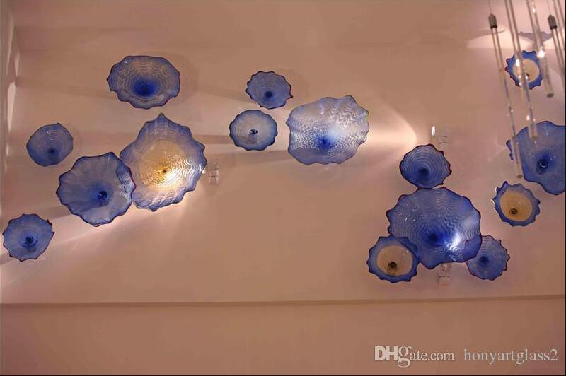 Image of Blue Wall Decoration Lamp Flower Art Europe Style Mouth Blown Murano Glass Plates for Fireplace Stair Ceiling Decor