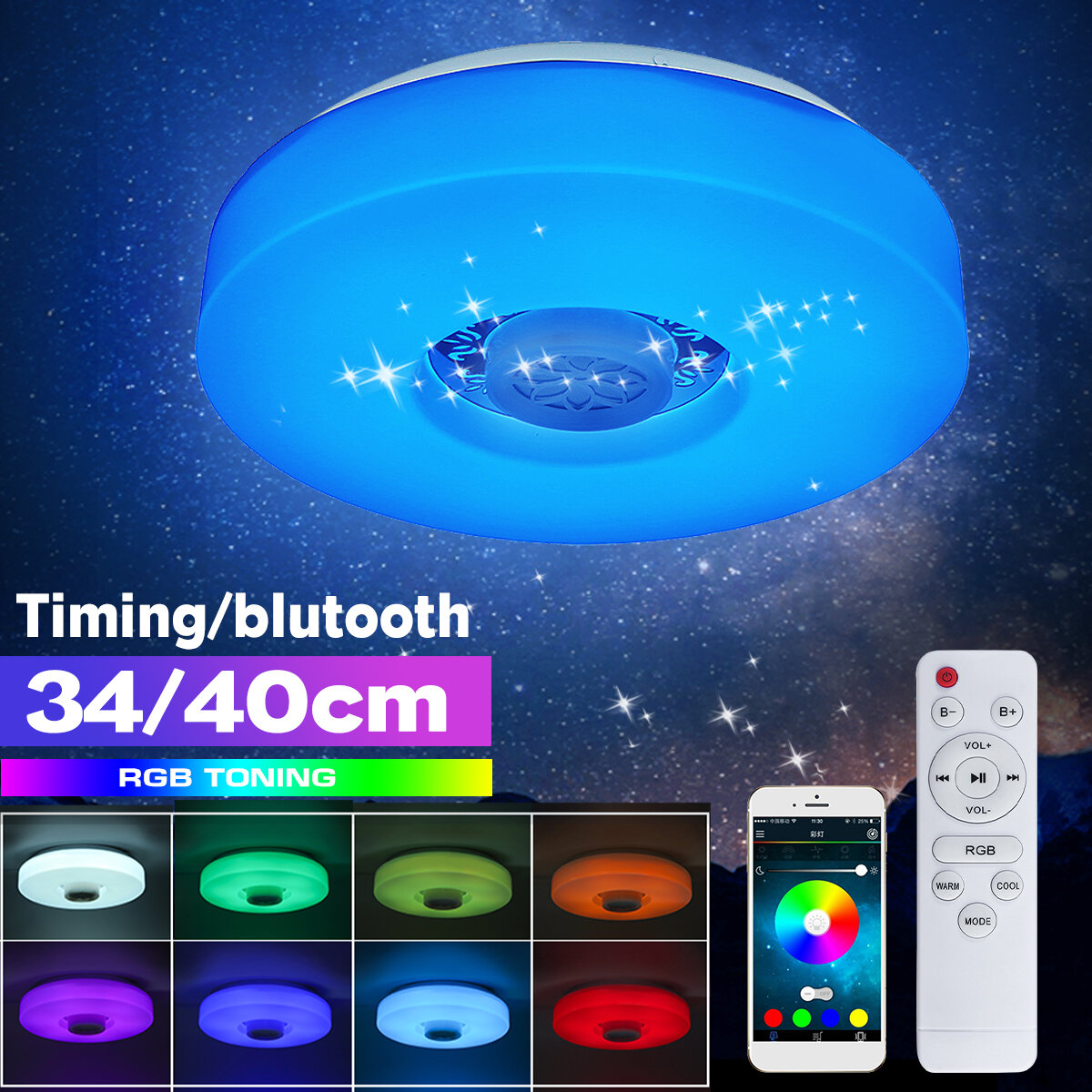 Image of Bluetooth LED Ceiling Light RGB 3D Surround Sound Music Dimmable Lamp APP Remote