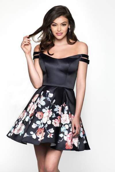 Image of Blush - 11609 Off Shoulder Fit and Flare Floral Print Cocktail Dress