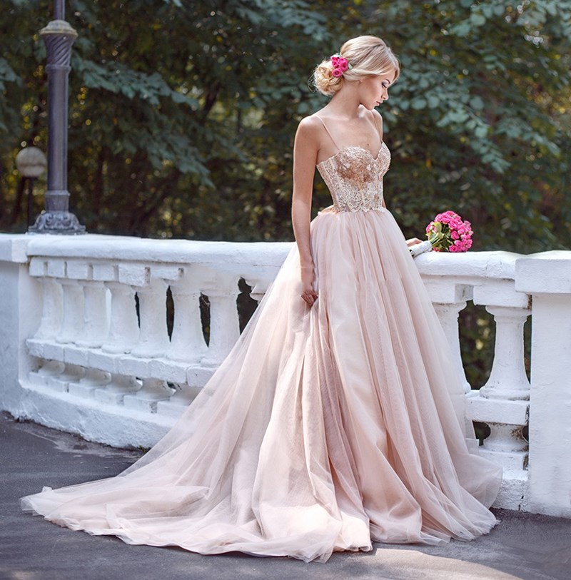 Image of Blush Gowns Tulle Wedding Dresses Sequins Spaghetti Straps Sleeveless Bridal Off the Shoulder Vestidos Noiva