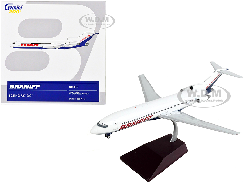Image of Boeing 727-200 Commercial Aircraft "Braniff International Airways" White and Blue "Gemini 200" Series 1/200 Diecast Model Airplane by GeminiJets