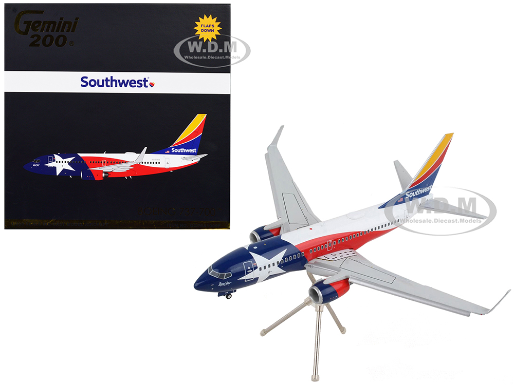 Image of Boeing 737-700 Commercial Aircraft with Flaps Down "Southwest Airlines - Lone Star One" Texas Flag Livery "Gemini 200" Series 1/200 Diecast Model Air