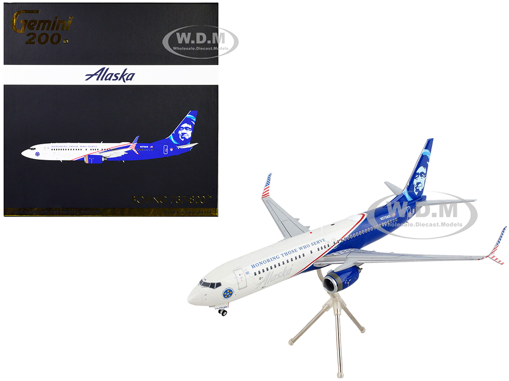 Image of Boeing 737-800 Commercial Aircraft "Alaska Airlines - Honoring Those Who Serve" White and Blue "Gemini 200" Series 1/200 Diecast Model Airplane by Ge