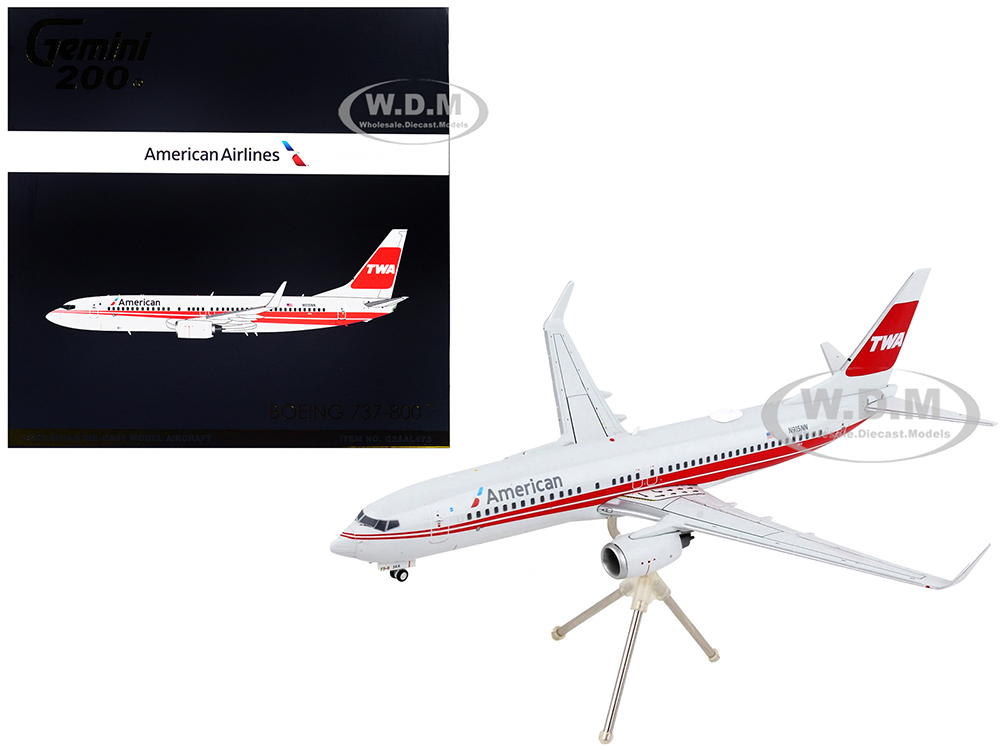 Image of Boeing 737-800 Commercial Aircraft "American Airlines - Trans World Airlines" Gray with Red Stripes "Gemini 200" Series 1/200 Diecast Model Airplane