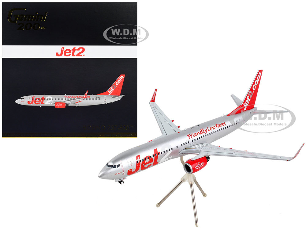 Image of Boeing 737-800 Commercial Aircraft "Jet2Com" Silver with Red Tail "Gemini 200" Series 1/200 Diecast Model Airplane by GeminiJets