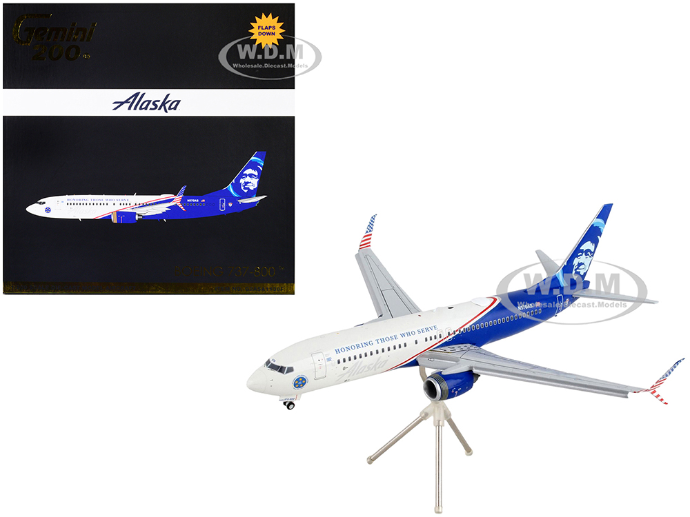 Image of Boeing 737-800 Commercial Aircraft with Flaps Down "Alaska Airlines - Honoring Those Who Serve" White and Blue "Gemini 200" Series 1/200 Diecast Mode