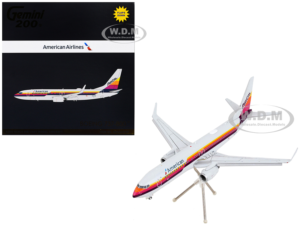 Image of Boeing 737-800 Commercial Aircraft with Flaps Down "American Airlines - AirCal" Gray with Stripes "Gemini 200" Series 1/200 Diecast Model Airplane by