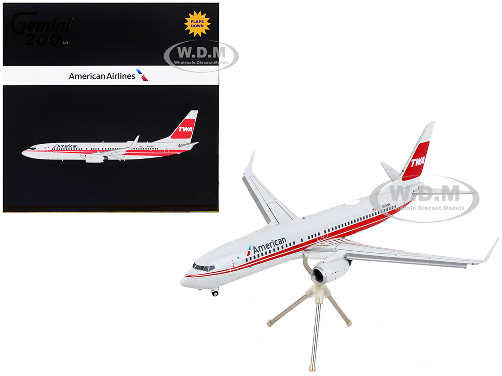 Image of Boeing 737-800 Commercial Aircraft with Flaps Down "American Airlines - Trans World Airlines" Gray with Red Stripes "Gemini 200" Series 1/200 Diecast