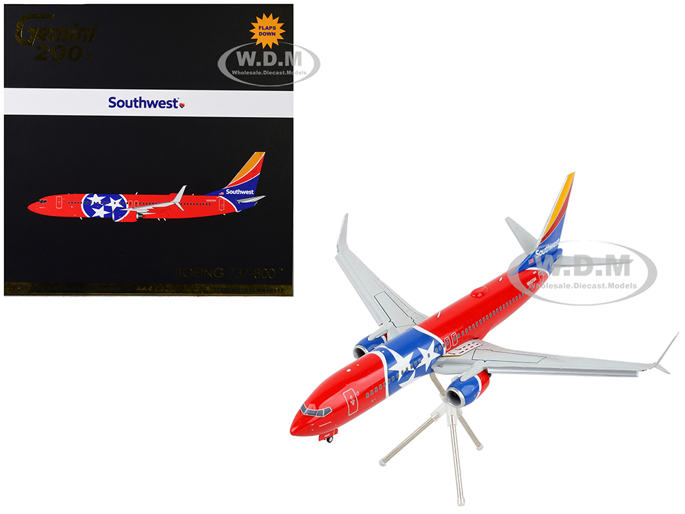 Image of Boeing 737-800 Commercial Aircraft with Flaps Down "Southwest Airlines - Tennessee One" Tennessee Flag Livery "Gemini 200" Series 1/200 Diecast Model