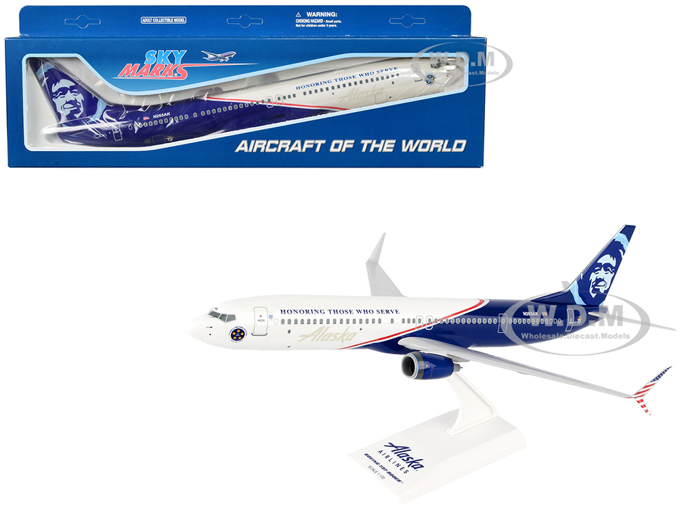 Image of Boeing 737-900 Commercial Aircraft "Alaska Airlines-Honoring Those Who Serve" (N265AK) White and Blue (Snap-Fit) 1/130 Plastic Model by Skymarks