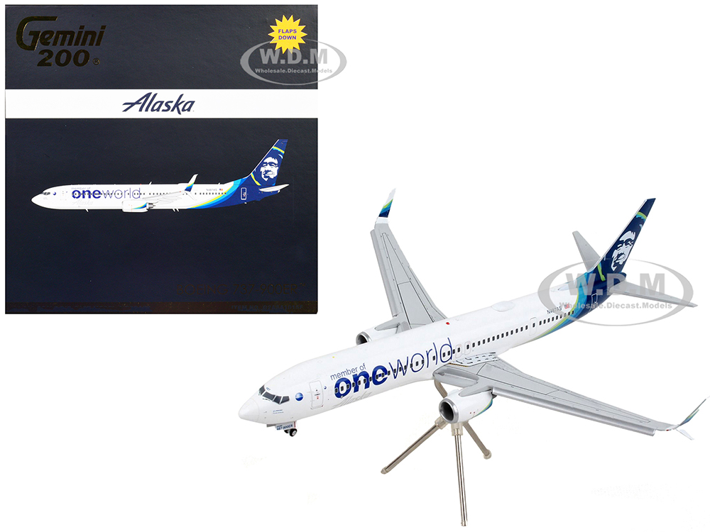 Image of Boeing 737-900ER Commercial Aircraft with Flaps Down "Alaska Airlines - One World" White with Blue Tail "Gemini 200" Series 1/200 Diecast Model Airpl