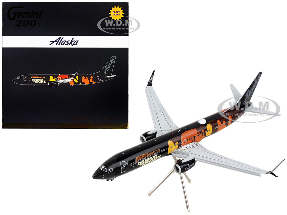 Image of Boeing 737-900ER Commercial Aircraft with Flaps Down "Alaska Airlines - Our Commitment" Black with Graphics "Gemini 200" Series 1/200 Diecast Model A