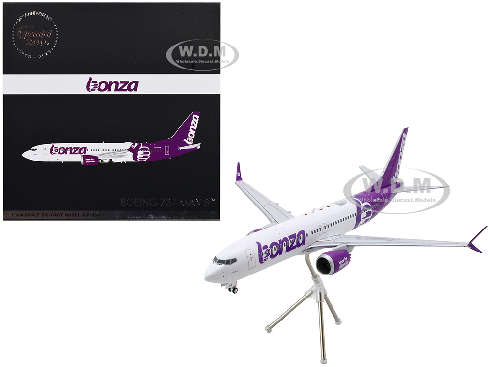 Image of Boeing 737 MAX 8 Commercial Aircraft "Bonza Aviation" (VH-UJK) White with Purple Tail "Gemini 200" Series 1/200 Diecast Model Airplane by GeminiJets