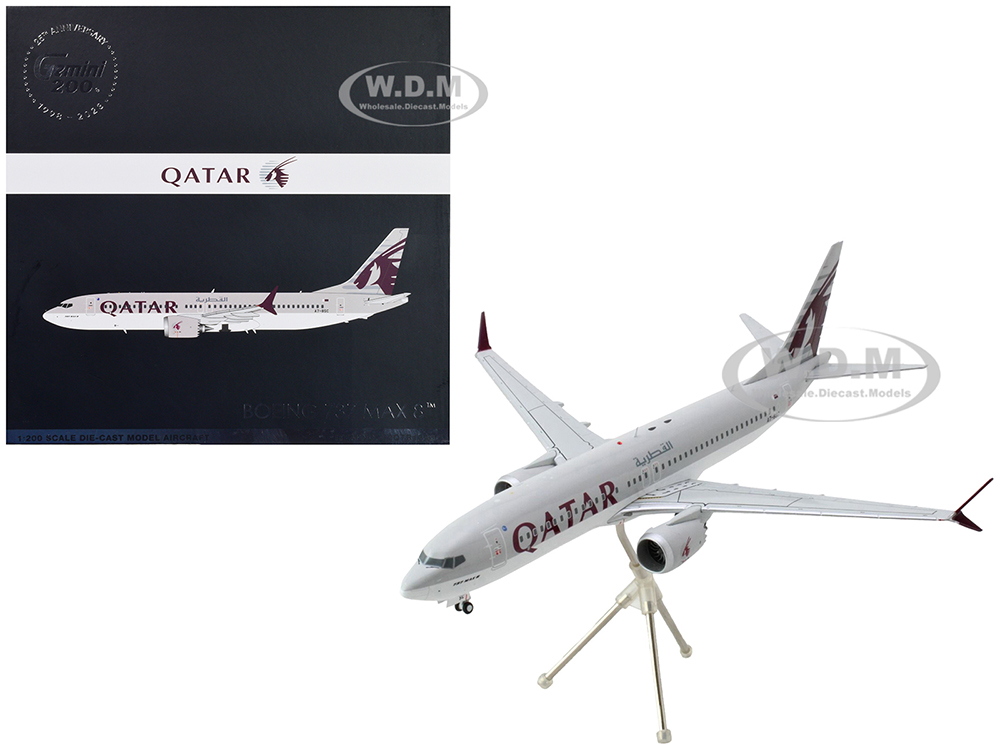 Image of Boeing 737 MAX 8 Commercial Aircraft "Qatar Airways" Gray and White with Tail Graphics "Gemini 200" Series 1/200 Diecast Model Airplane by GeminiJets