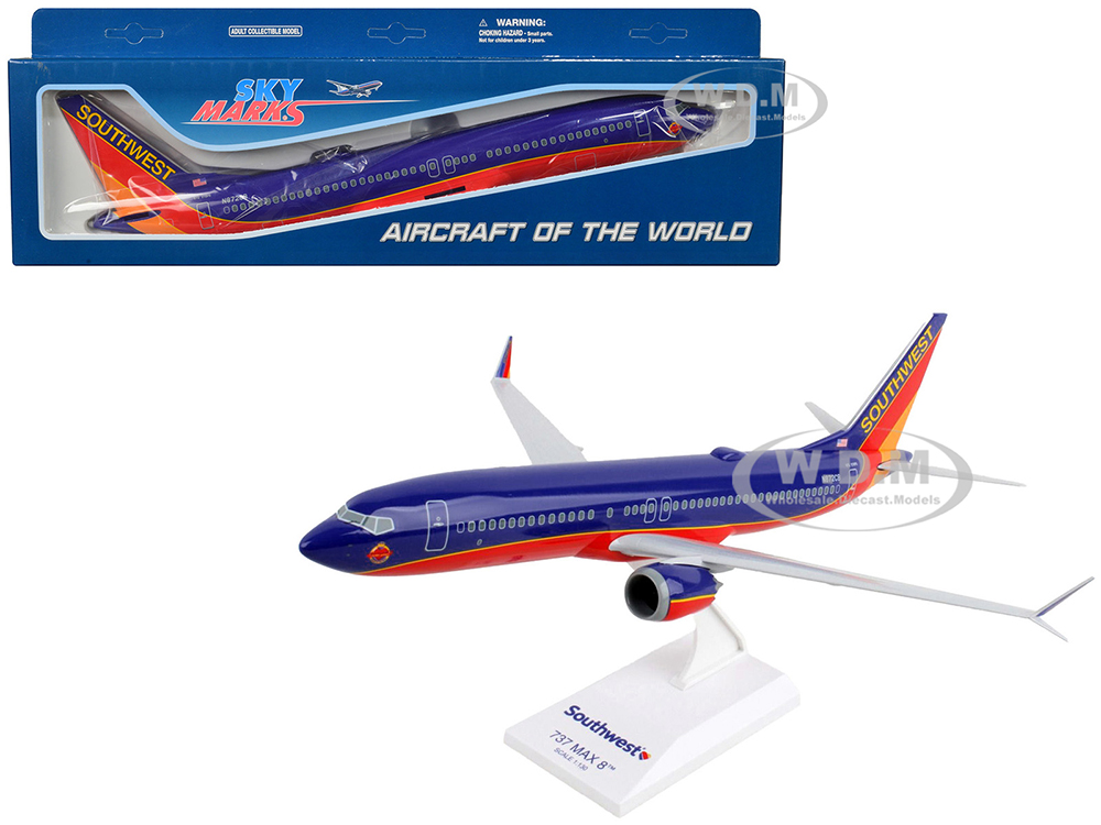 Image of Boeing 737 MAX 8 Commercial Aircraft "Southwest Airlines" (N872CB) Blue with Red and Orange Stripes (Snap-Fit) 1/130 Plastic Model by Skymarks